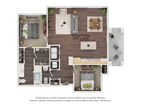 Floor plan for 2 beds, 1.5 baths, 1024 sqft
